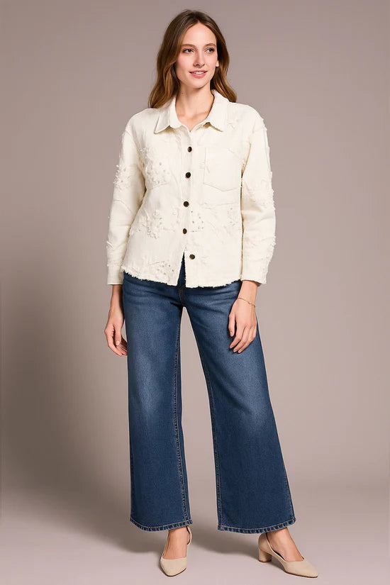 Twill Rhinestone Applique Collared Shacket