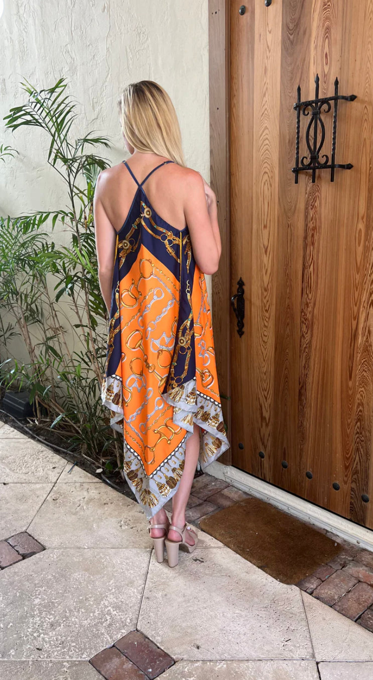 Silk Dress / Orange and Blue Bit