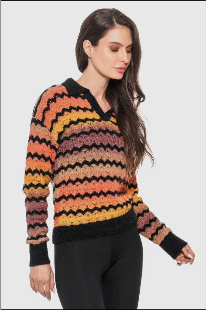 Retro Chevron Stripe Knit Sweater - Autumn Spice