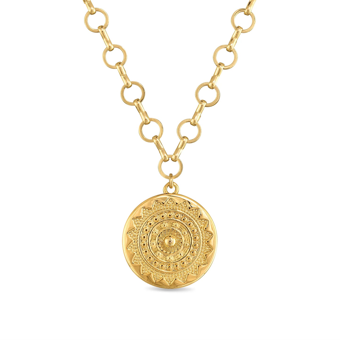 A photo of the Amelia Rose Sun Medallion Pendant Necklace.