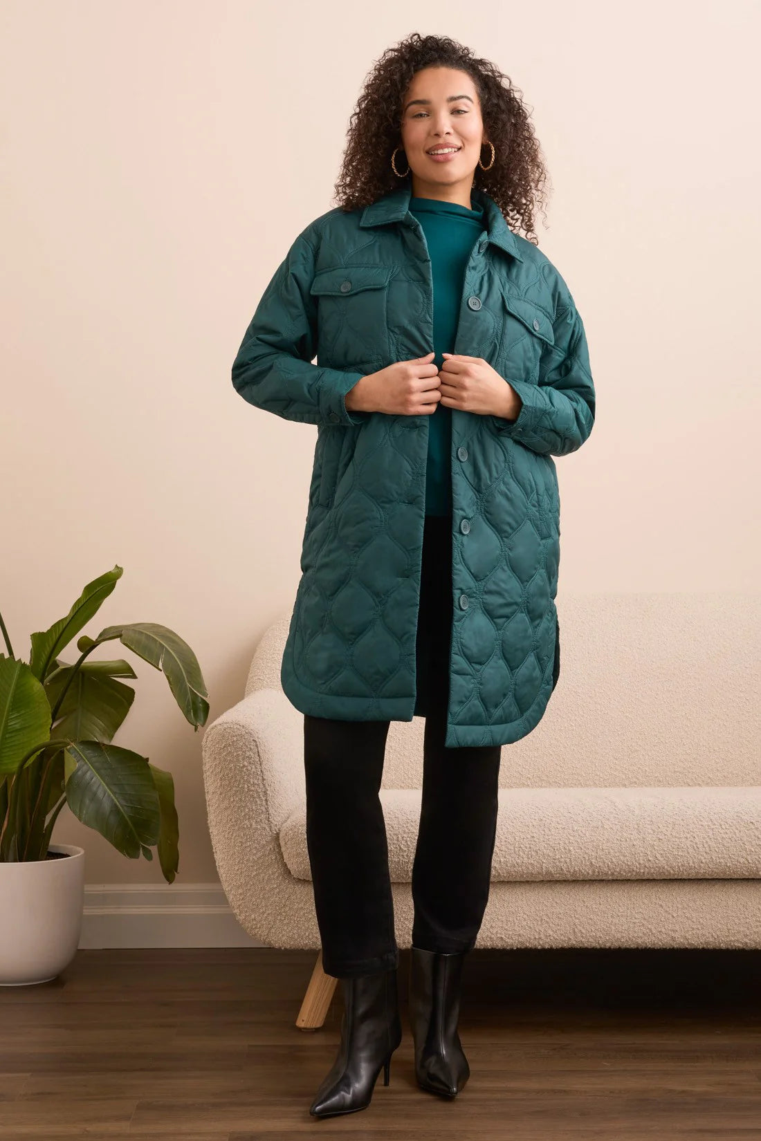 Long Quilted Button-Up Jacket With Pockets