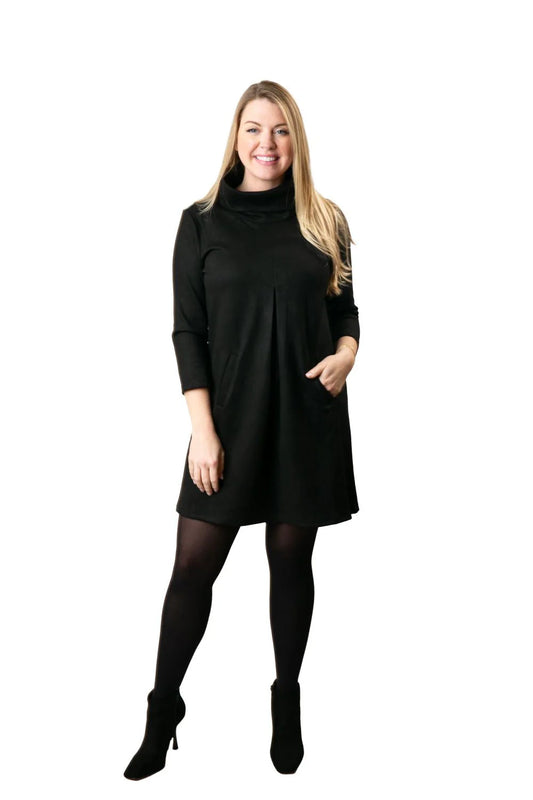 Hilary Faux Suede Dress with Turtleneck & Pockets – Soft, Flattering & Versatile
