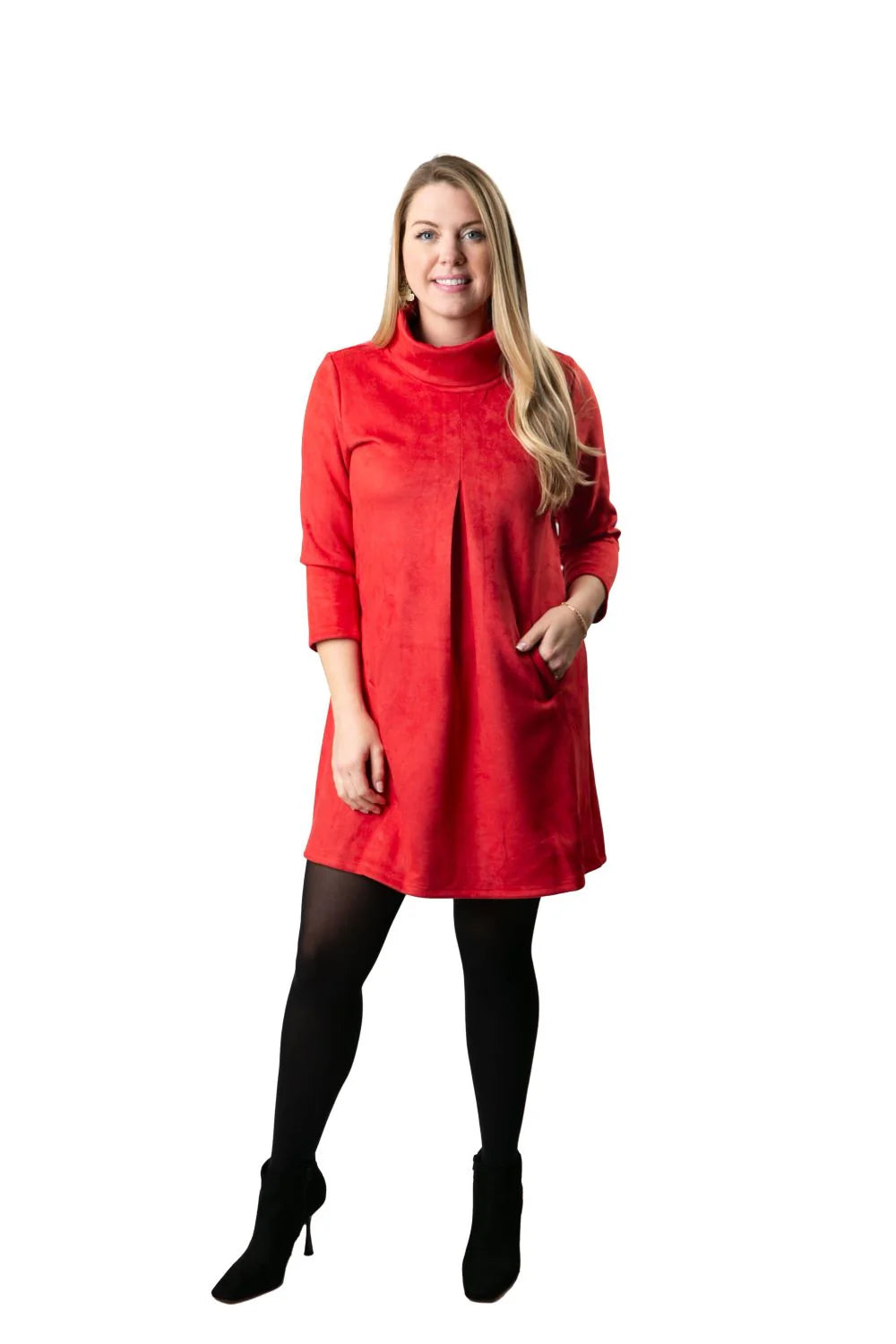 Hilary Faux Suede Dress with Turtleneck & Pockets – Soft, Flattering & Versatile
