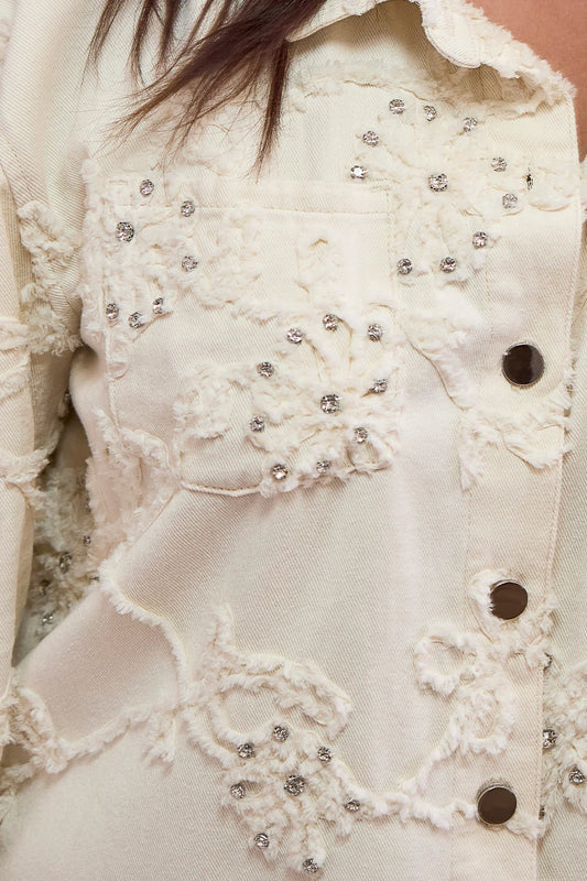 Twill Rhinestone Applique Collared Shacket