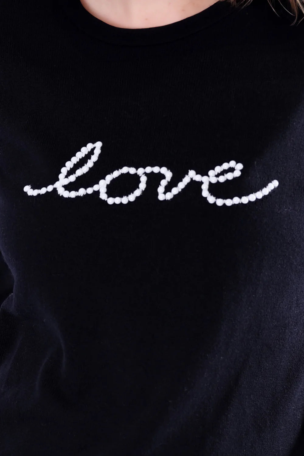 Celia Pearl “Love” Sweater – Slim Fit Knit with Darling Pearl Embellishment