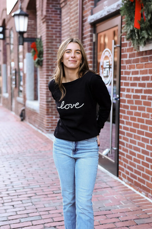 Celia Pearl “Love” Sweater – Slim Fit Knit with Darling Pearl Embellishment