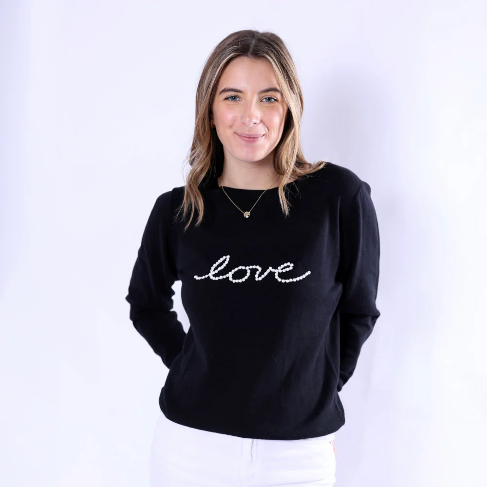 Celia Pearl “Love” Sweater – Slim Fit Knit with Darling Pearl Embellishment
