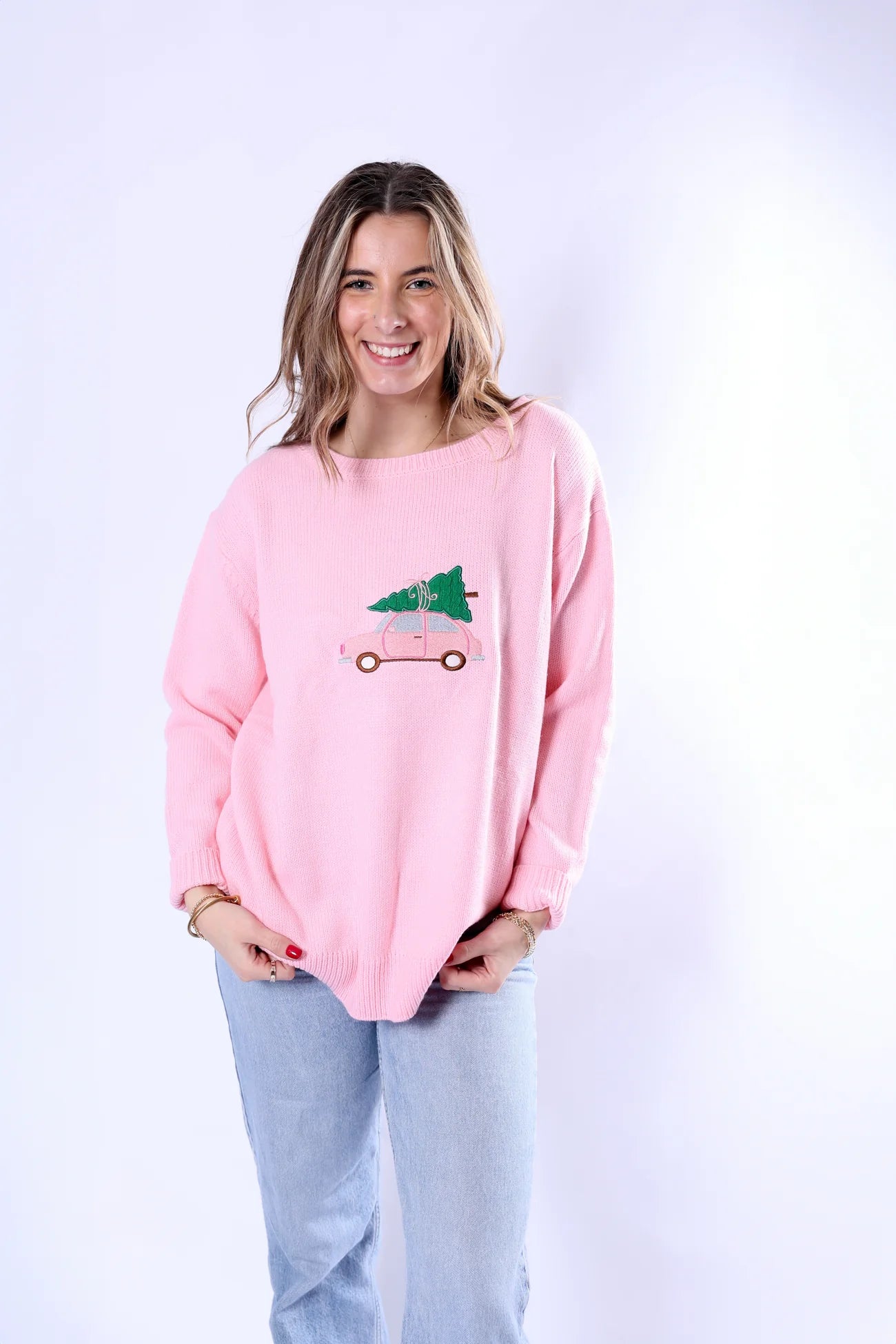 Pippa Pink Christmas Sweater – Cute Holiday Buggy with Tree Design