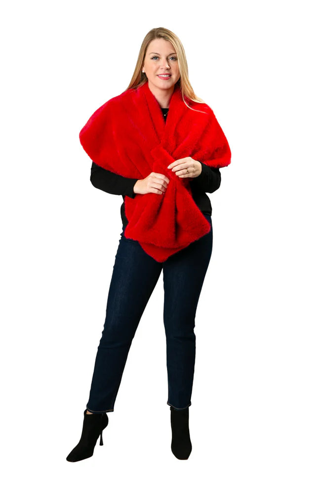 A photo of a woman wearing a red elegant shawl.