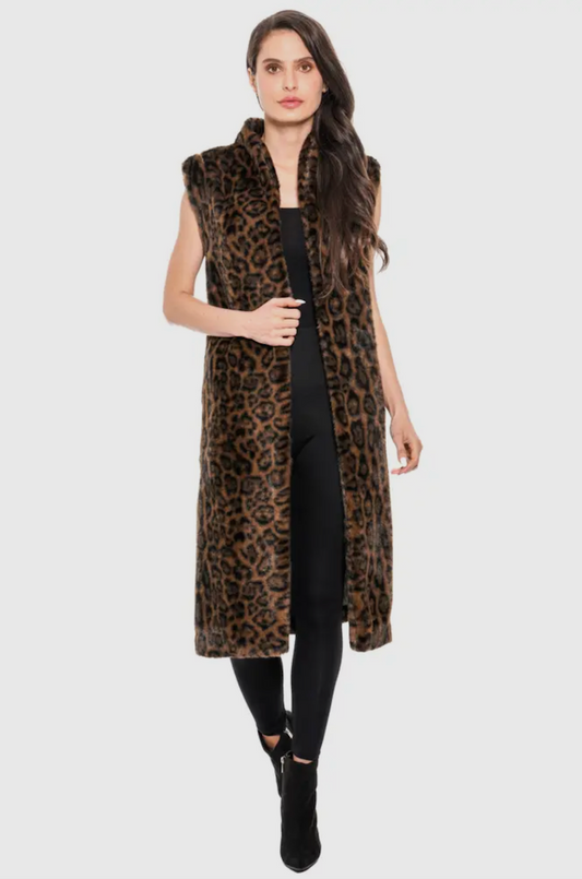 Leopard Print Long Faux Fur Vest