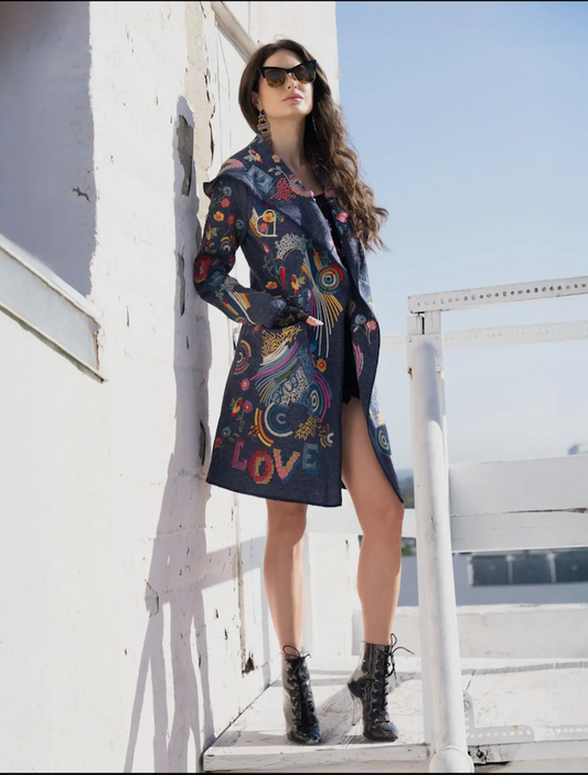 Navy/Multi Color Embroidered Cardigan with Hood