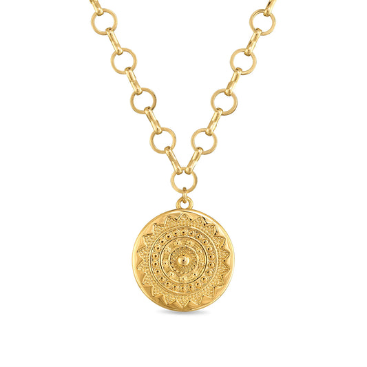 A photo of the Amelia Rose Sun Medallion Pendant Necklace.