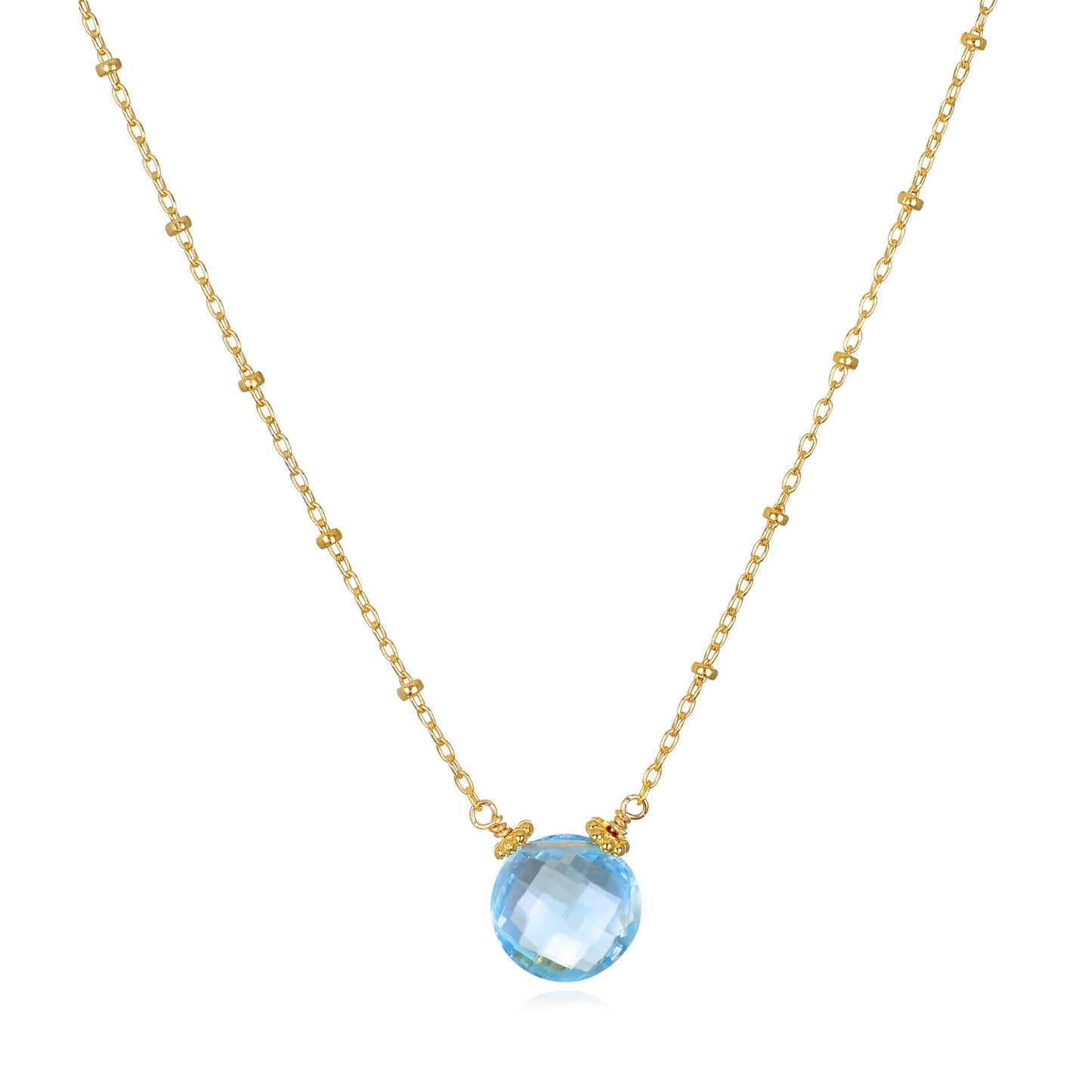 A photo of Amelia Rose Topaz Coin Beaded Gold Necklace in Sky Blue.
