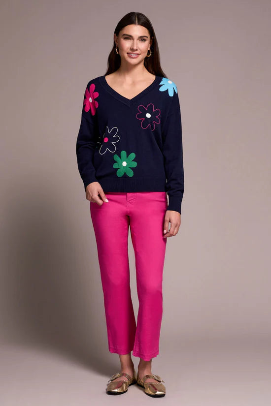 Daisy Flower Front Cotton V-Neck Sweater