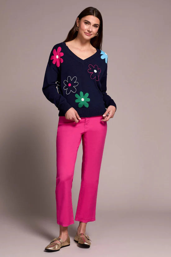 Daisy Flower Front Cotton V-Neck Sweater