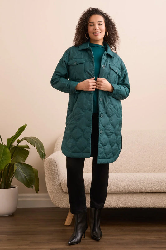 Long Quilted Button-Up Jacket With Pockets