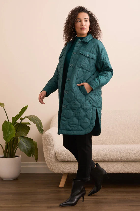 Long Quilted Button-Up Jacket With Pockets