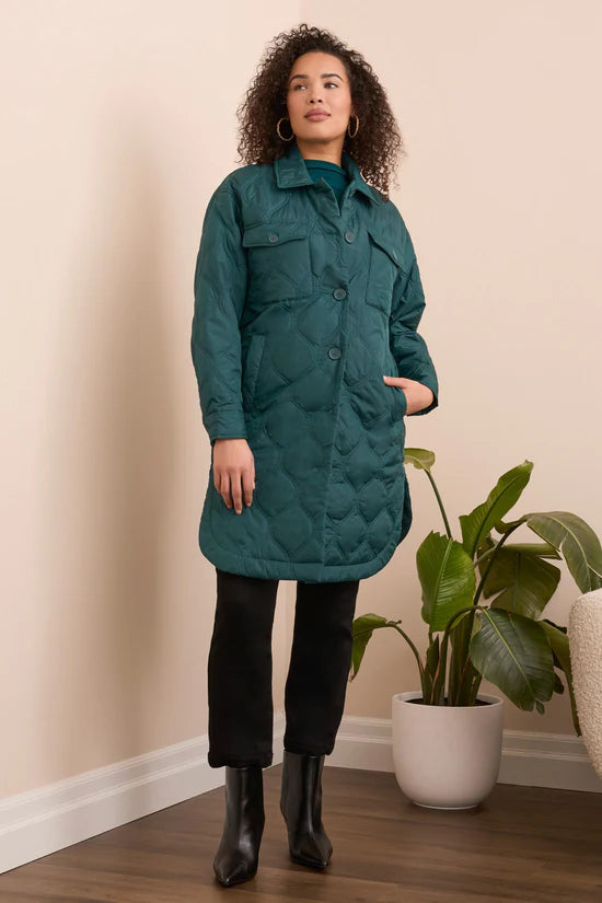 Long Quilted Button-Up Jacket With Pockets