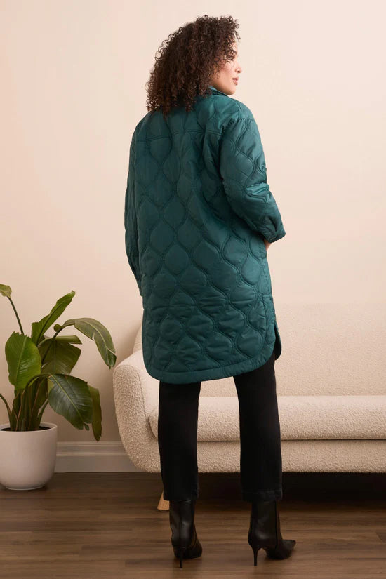 Long Quilted Button-Up Jacket With Pockets